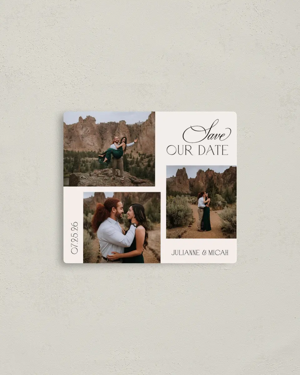This is a 3½" x 4" Save the Date Magnet called Our Love printed in full color with a Luxe Satin finish