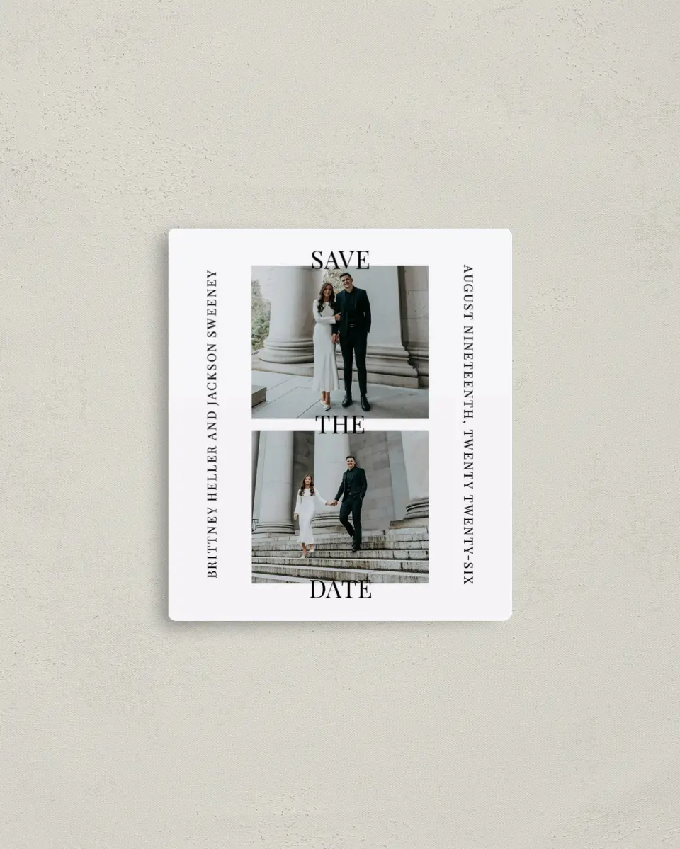 This is a 3½" x 4" Save the Date Magnet called Bold Proclamation printed in full color with Rose Gold foil and a Luxe Satin finish