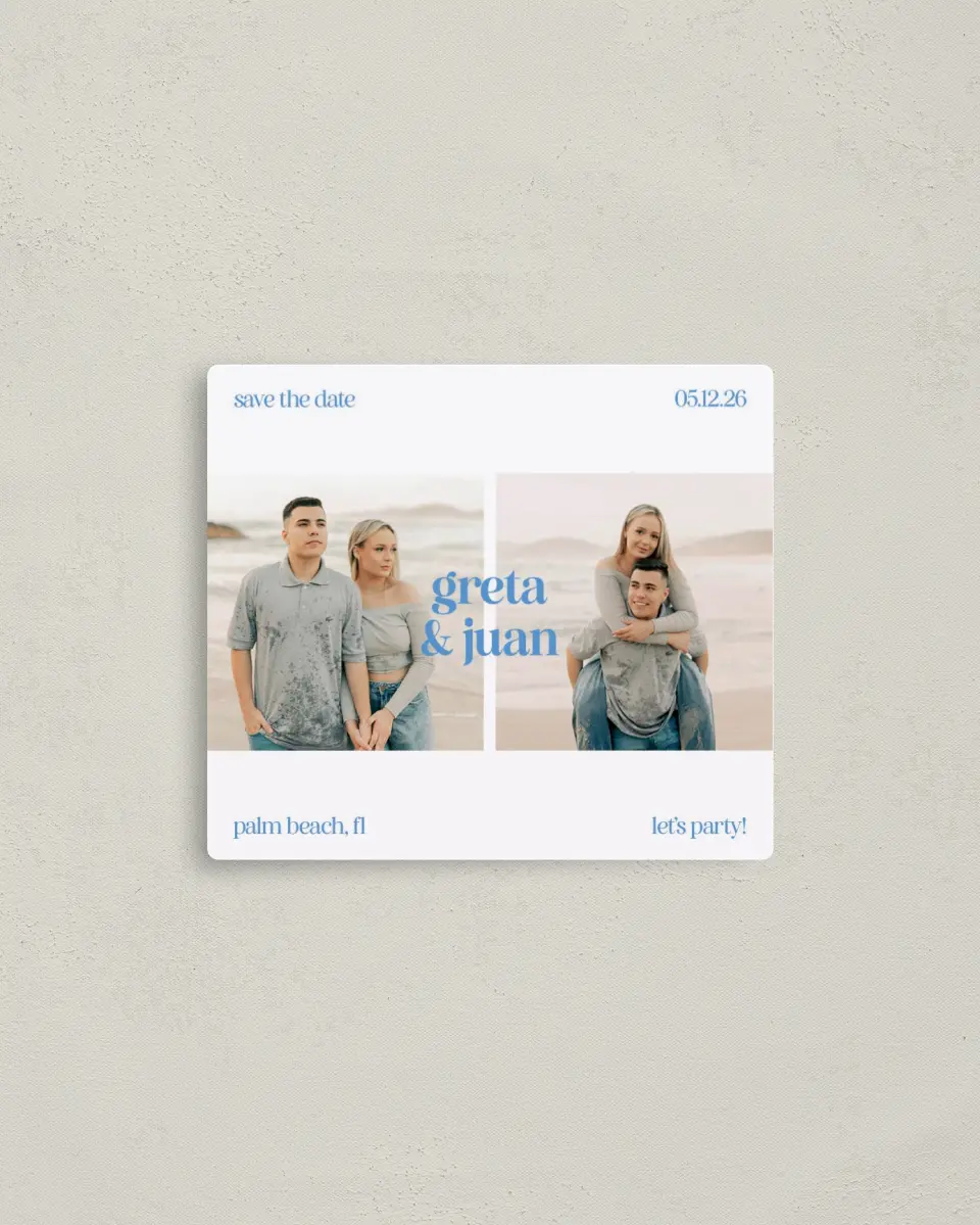 This is a 3½" x 4" Save the Date Magnet called Retro Revelry printed in full color with a Luxe Satin finish