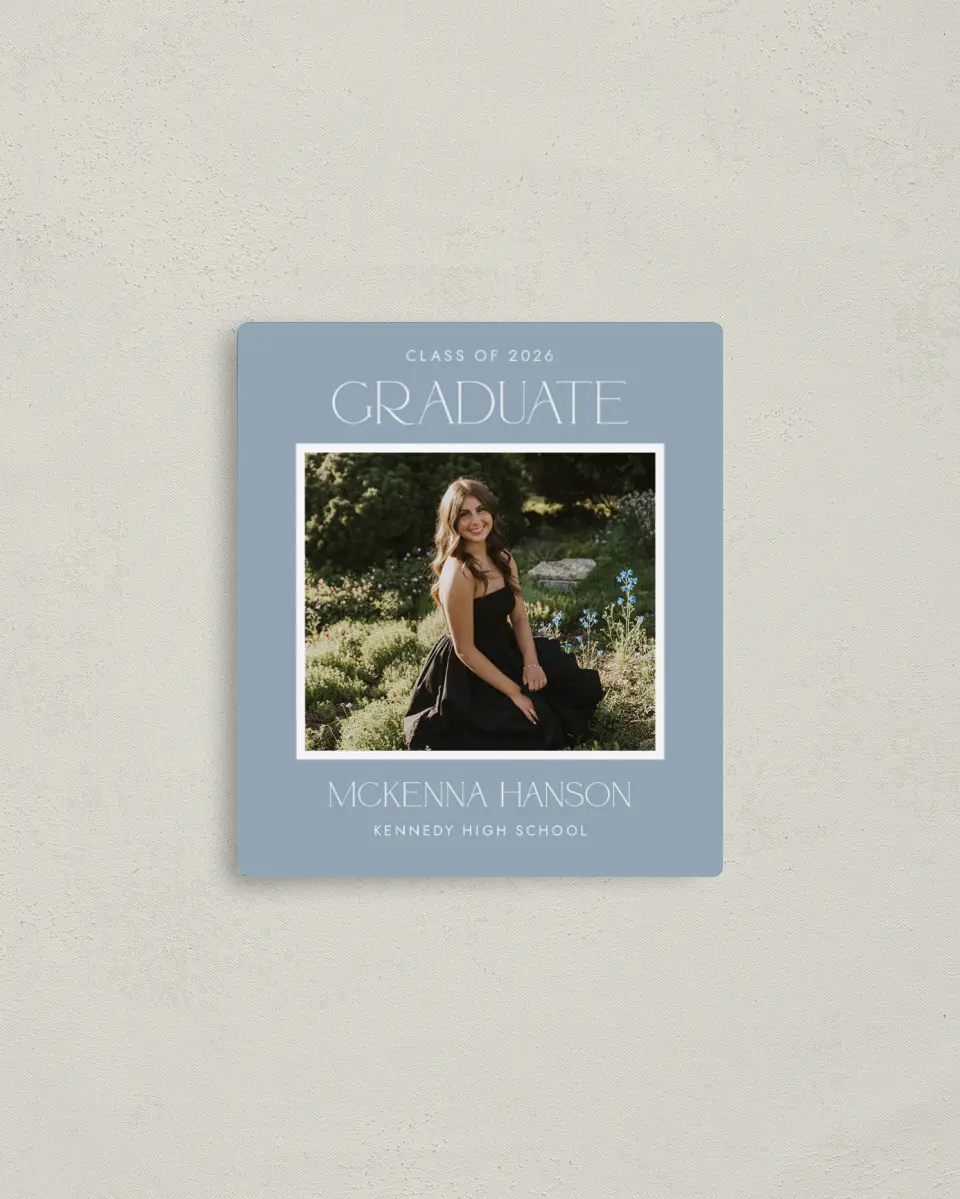 This is a 3½" x 4" Graduation Announcement Magnet called Graceful Grad printed in full color with Gold foil and a Luxe Satin finish