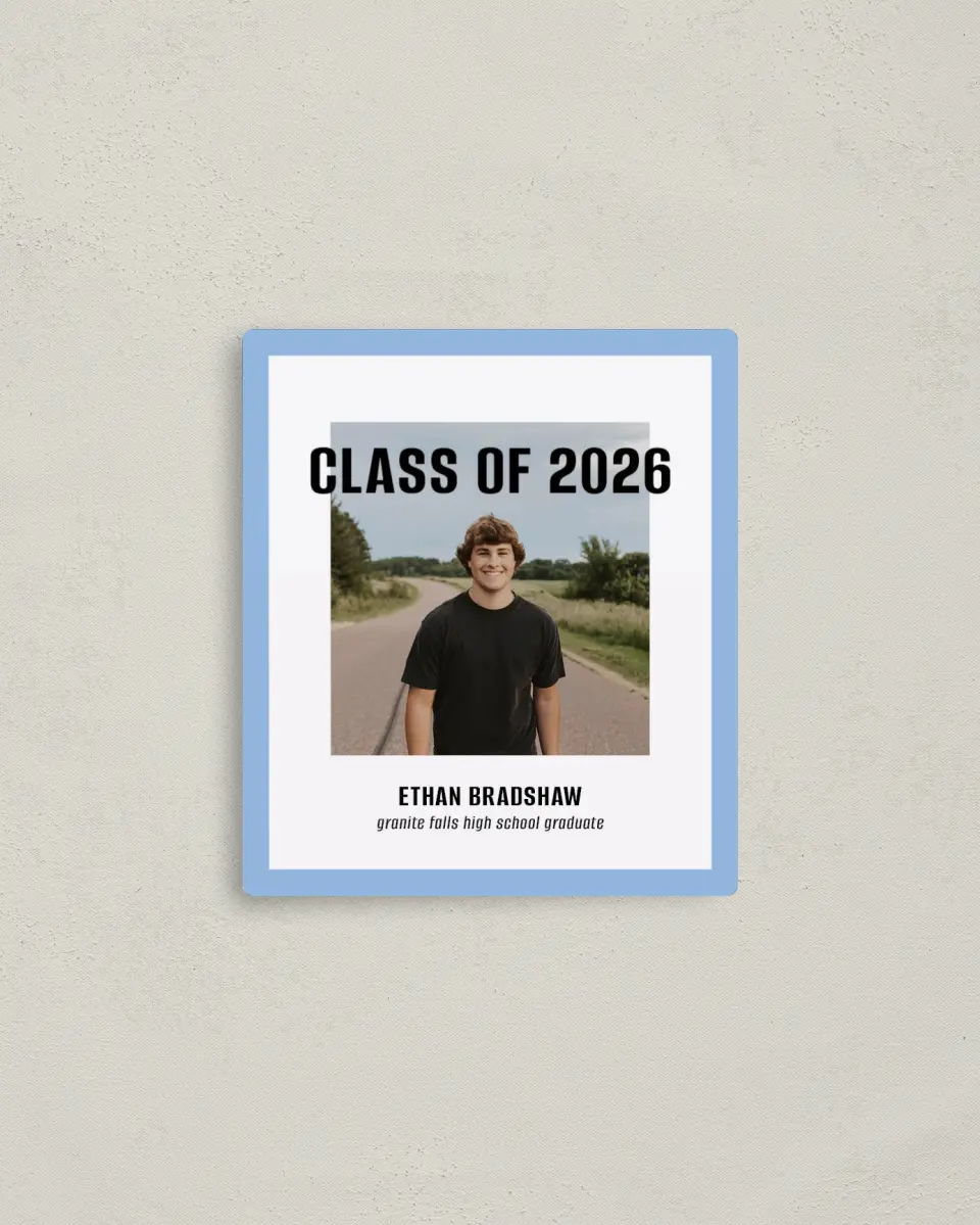 This is a 3½" x 4" Graduation Announcement Magnet called Clean Cut printed in full color with a Luxe Satin finish