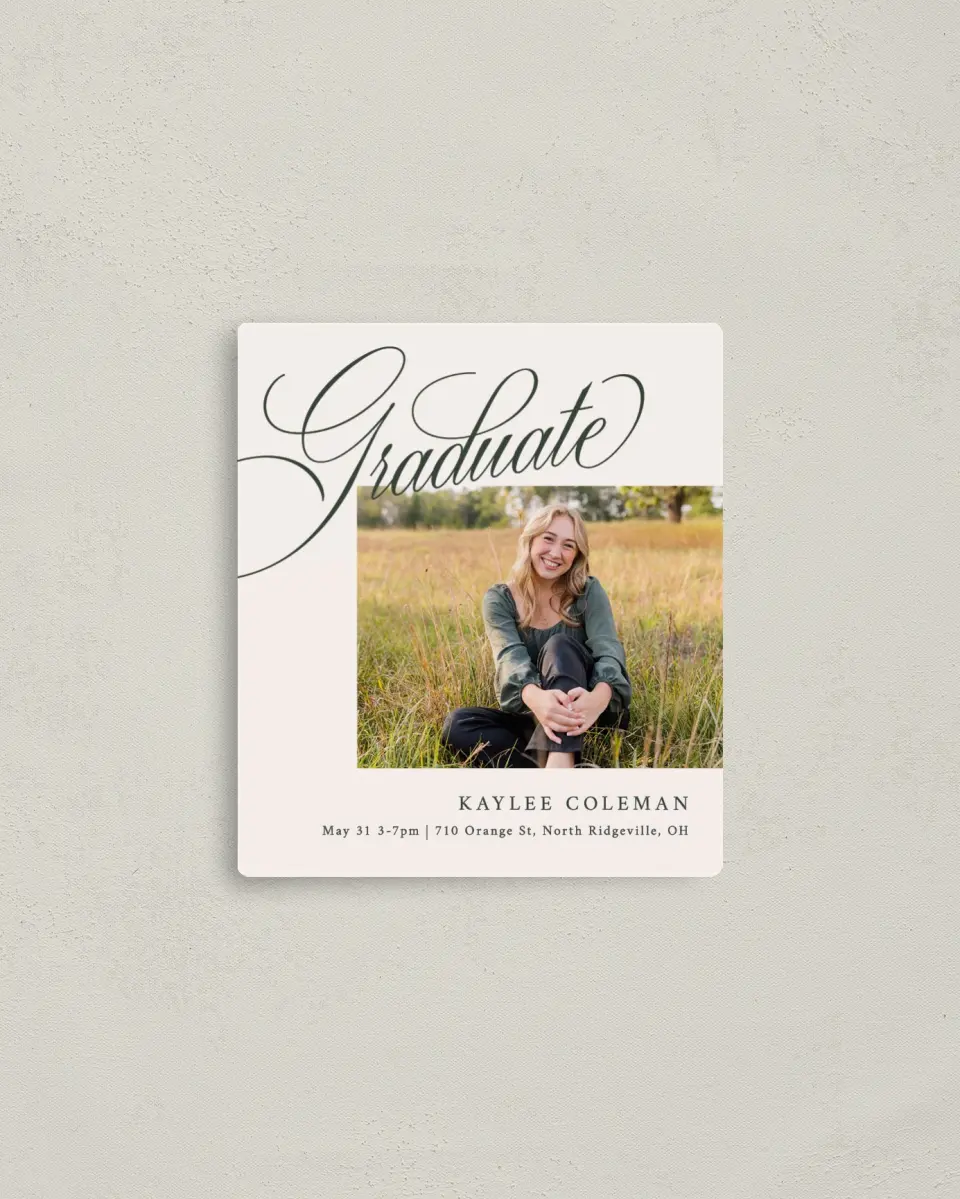 This is a 3½" x 4" Graduation Announcement Magnet called Grand Flourish printed in full color with a Luxe Satin finish
