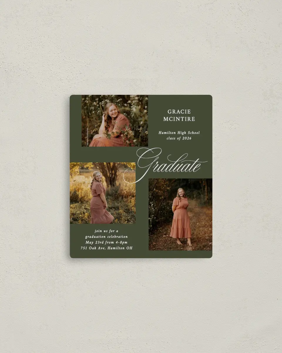 This is a 3½" x 4" Graduation Announcement Magnet called Refined Celebration printed in full color with a Luxe Satin finish