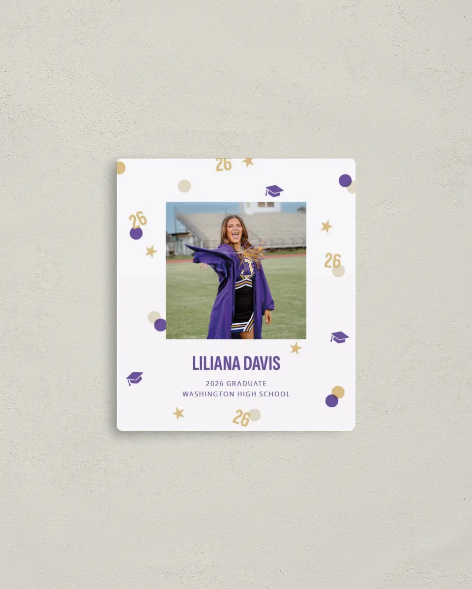 This is a 3½" x 4" Graduation Announcement Magnet called Confetti Toss printed in full color with Gold foil and a Luxe Satin finish