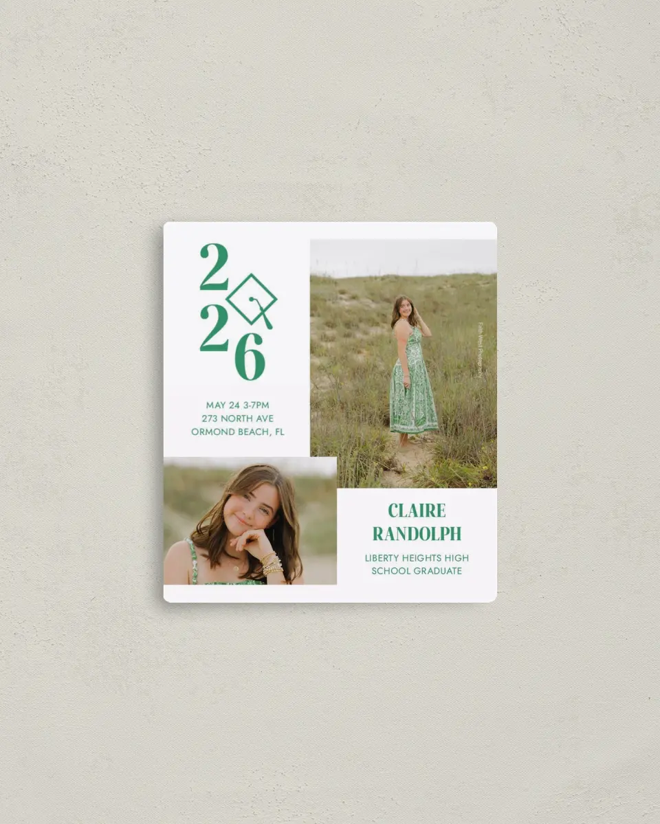 This is a 3½" x 4" Graduation Announcement Magnet called Class Icon printed in full color with a Luxe Satin finish