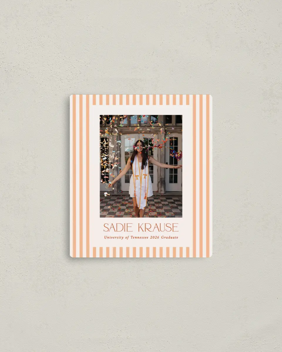 This is a 3½" x 4" Graduation Announcement Magnet called Senior Stripes printed in full color with Gold foil and a Luxe Satin finish