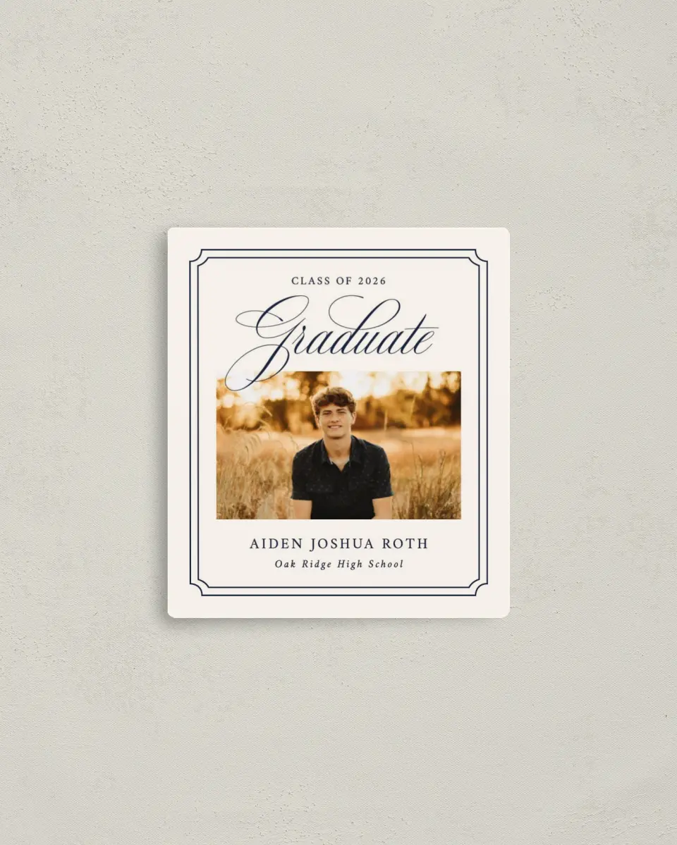 This is a 3½" x 4" Graduation Announcement Magnet called Formal Frame printed in full color with Gold foil and a Luxe Satin finish