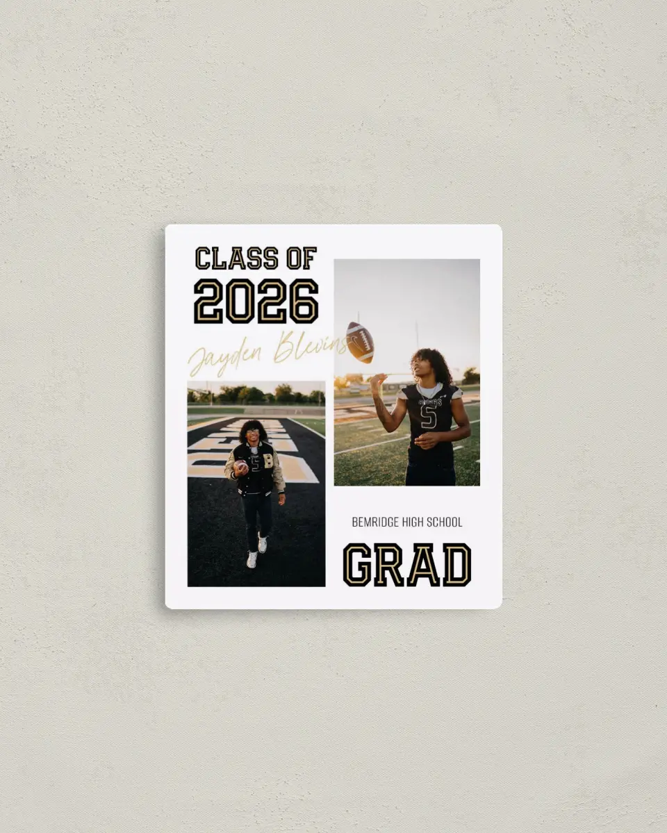 This is a 3½" x 4" Graduation Announcement Magnet called Varsity Vibes printed in full color with Gold foil and a Luxe Satin finish