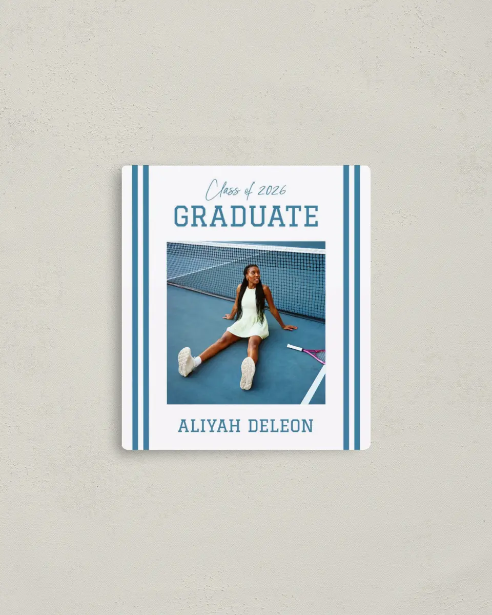 This is a 3½" x 4" Graduation Announcement Magnet called Varsity Stripes printed in full color with Gold foil and a Luxe Satin finish