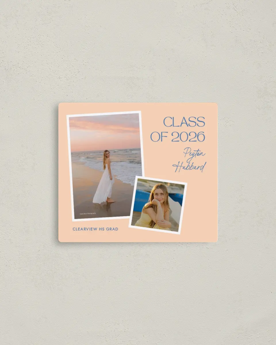 This is a 3½" x 4" Graduation Announcement Magnet called Modern Montage printed in full color with Gold foil and a Luxe Satin finish