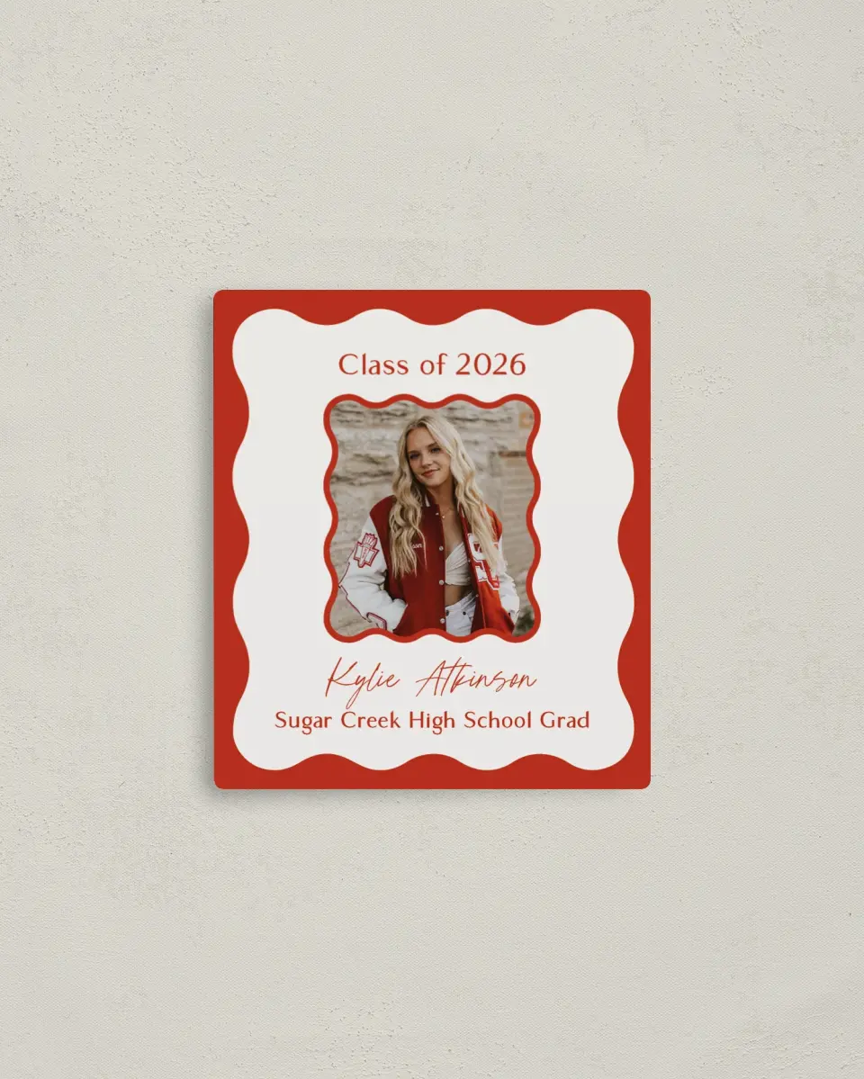 This is a 3½" x 4" Graduation Announcement Magnet called Unwavering Spirit printed in full color with Gold foil and a Luxe Satin finish