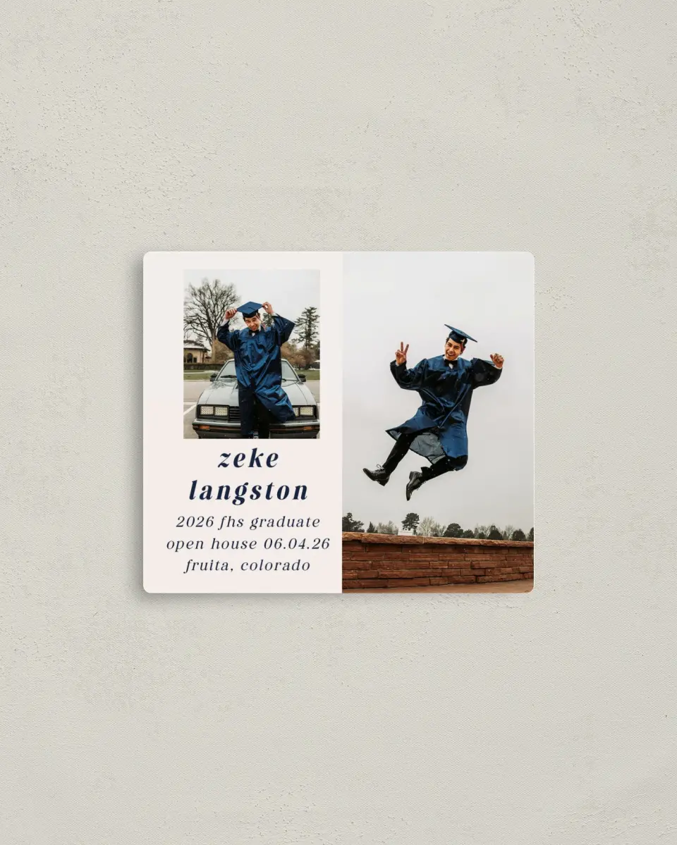 This is a 3½" x 4" Graduation Announcement Magnet called Jumping Jubilee printed in full color with a Luxe Satin finish