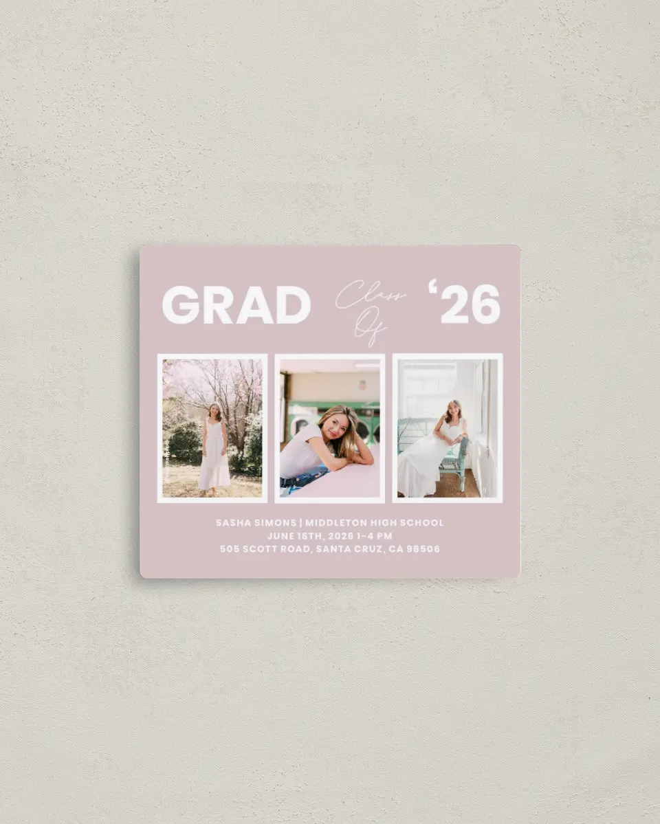 This is a 3½" x 4" Graduation Announcement Magnet called Caps Off to You printed in full color with Gold foil and a Luxe Satin finish