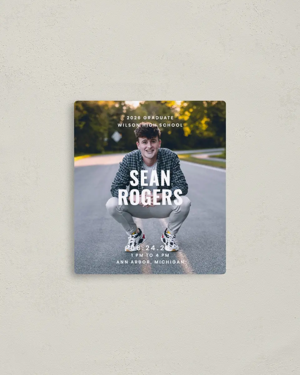 This is a 3½" x 4" Graduation Announcement Magnet called Final Stretch printed in full color with a Luxe Satin finish