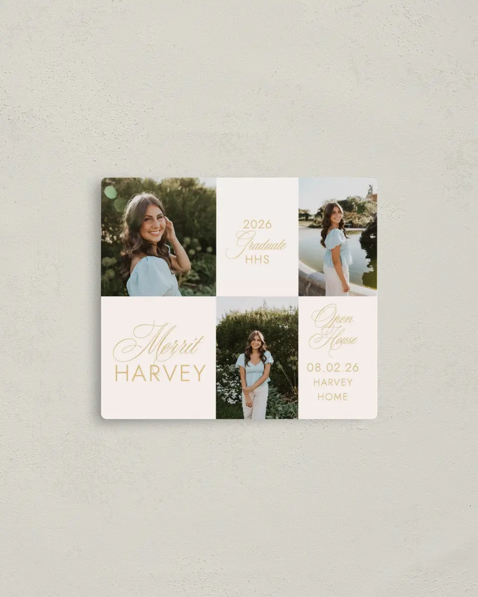 This is a 3½" x 4" Graduation Announcement Magnet called Stay Golden printed in full color with a Luxe Satin finish