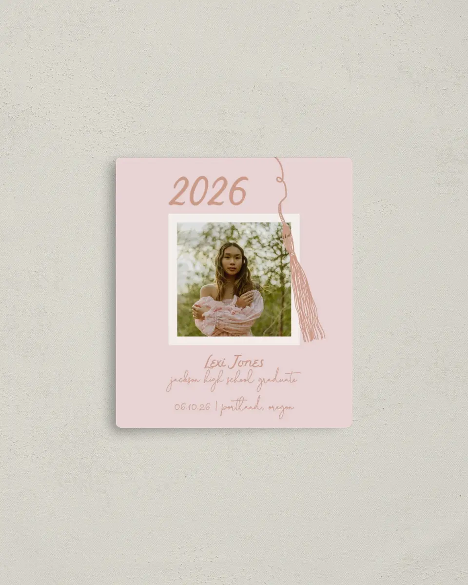 This is a 3½" x 4" Graduation Announcement Magnet called Tassels on Tassels printed in full color with a Luxe Satin finish