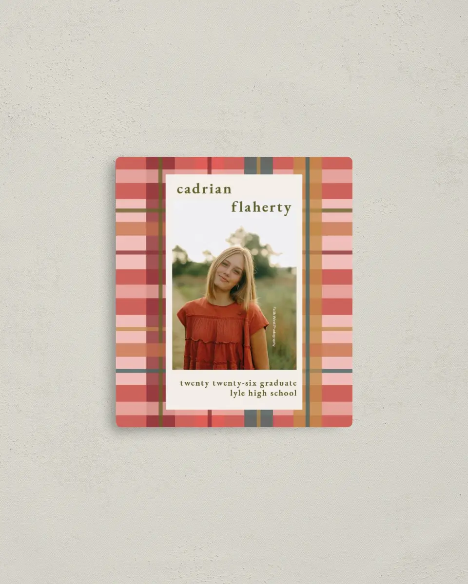 This is a 3½" x 4" Graduation Announcement Magnet called Plaid Praise printed in full color with a Luxe Satin finish