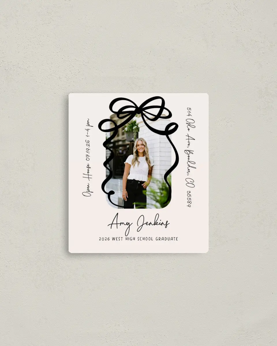 This is a 3½" x 4" Graduation Announcement Magnet called All Tied Up printed in full color with a Luxe Satin finish