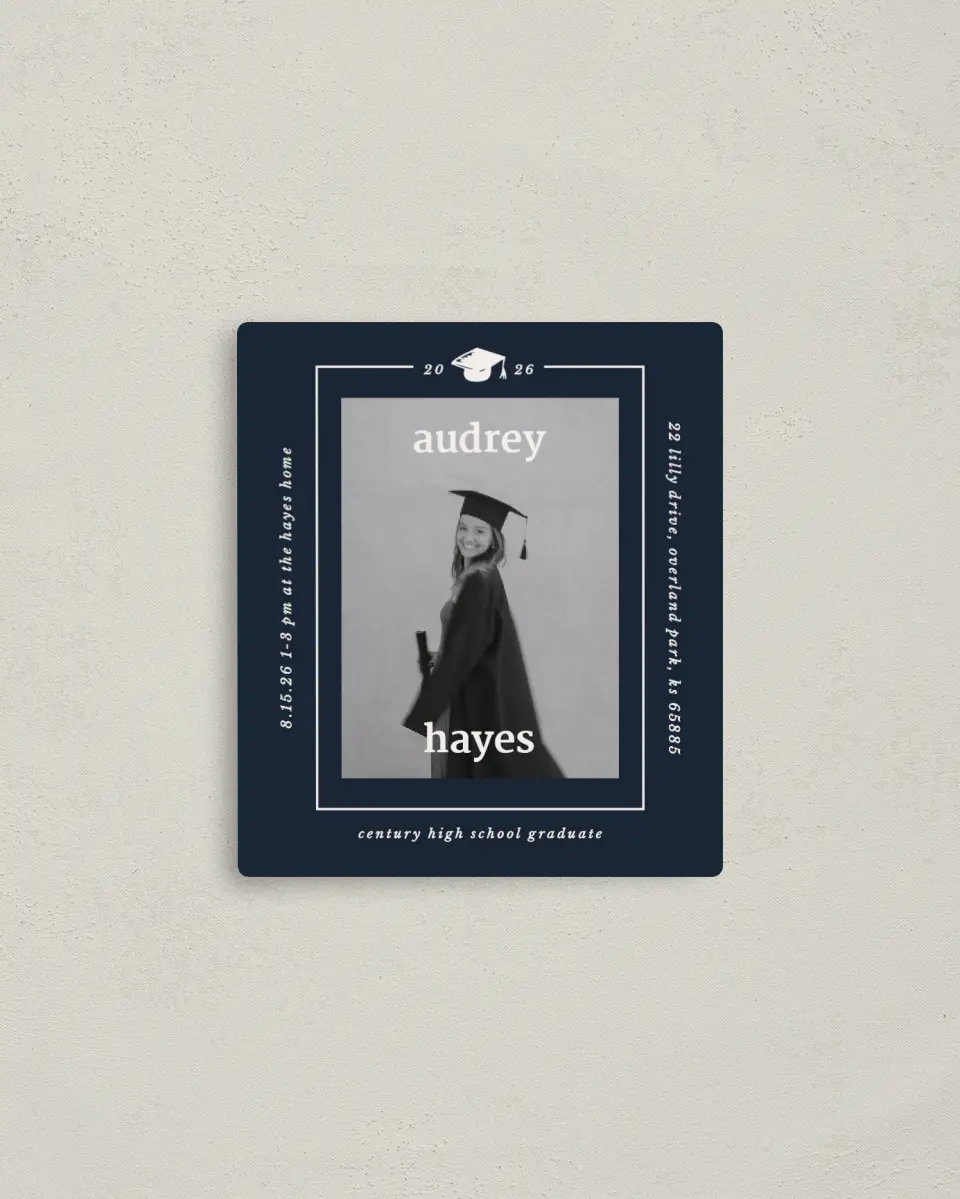 This is a 3½" x 4" Graduation Announcement Magnet called Framed Triumph printed in full color with a Luxe Satin finish