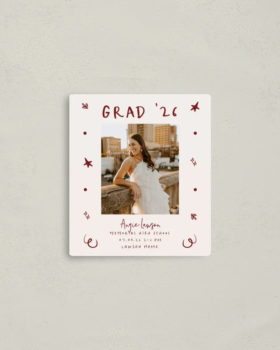 This is a 3½" x 4" Graduation Announcement Magnet called Celebratory Confetti printed in full color with Gold foil and a Luxe Satin finish