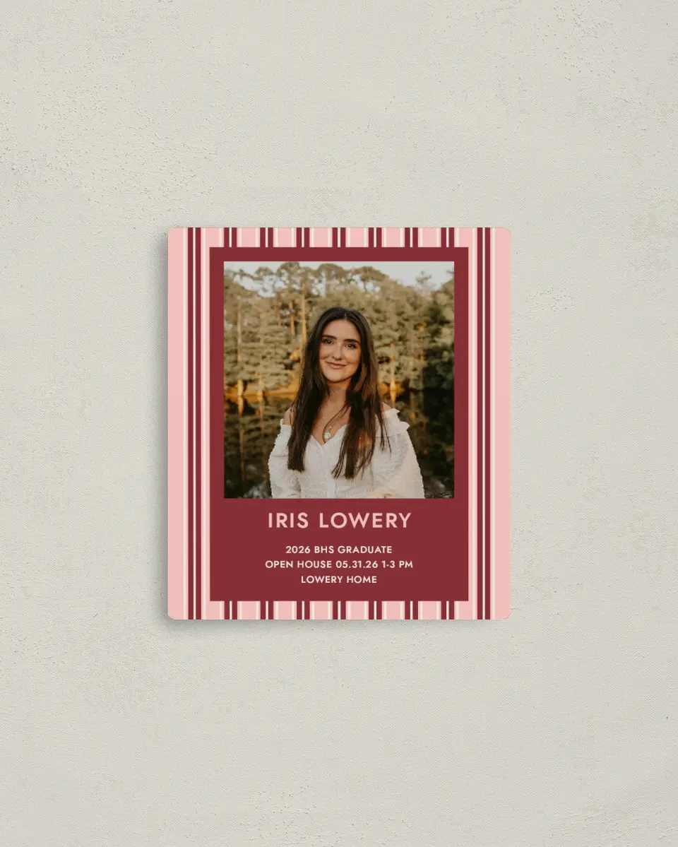 This is a 3½" x 4" Graduation Announcement Magnet called Striped Admiration printed in full color with Gold foil and a Luxe Satin finish
