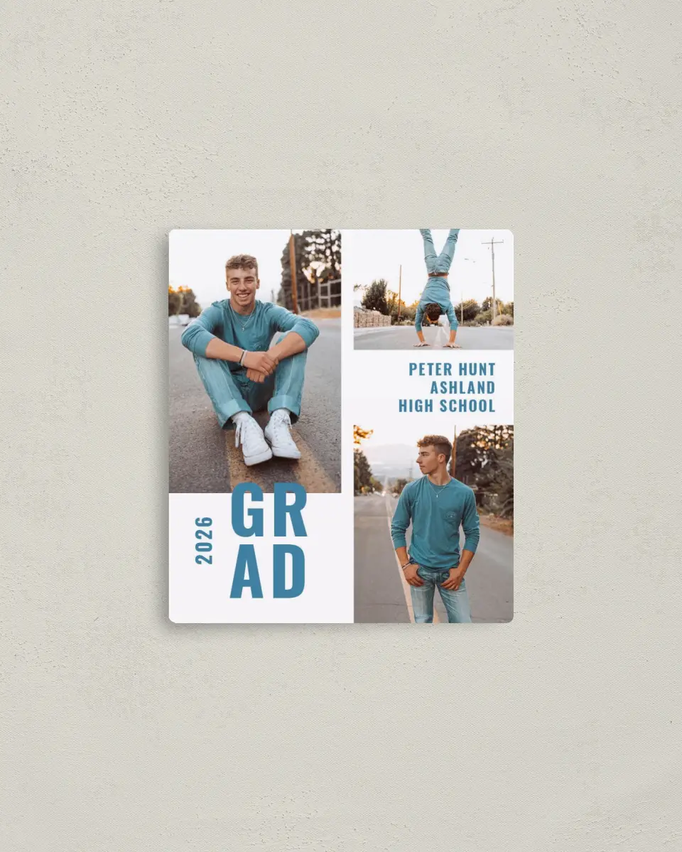 This is a 3½" x 4" Graduation Announcement Magnet called Modern Milestone printed in full color with a Luxe Satin finish