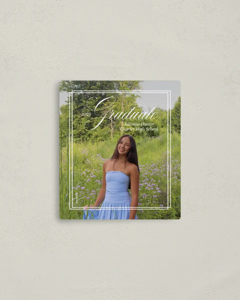 This is a 3½" x 4" Graduation Announcement Magnet called Elegant Grad printed in full color with a Luxe Satin finish