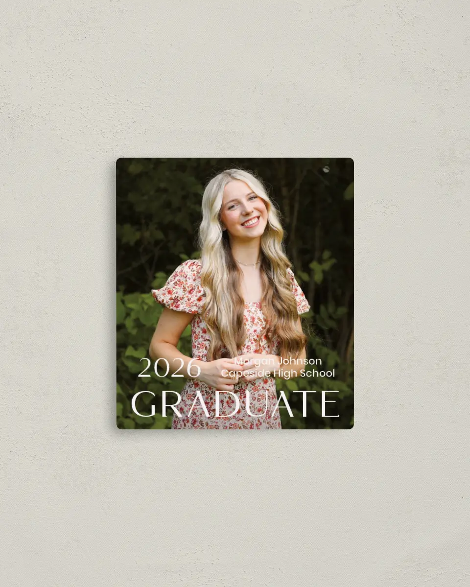 This is a 3½" x 4" Graduation Announcement Magnet called Spotlight Grad printed in full color with Gold foil and a Luxe Satin finish