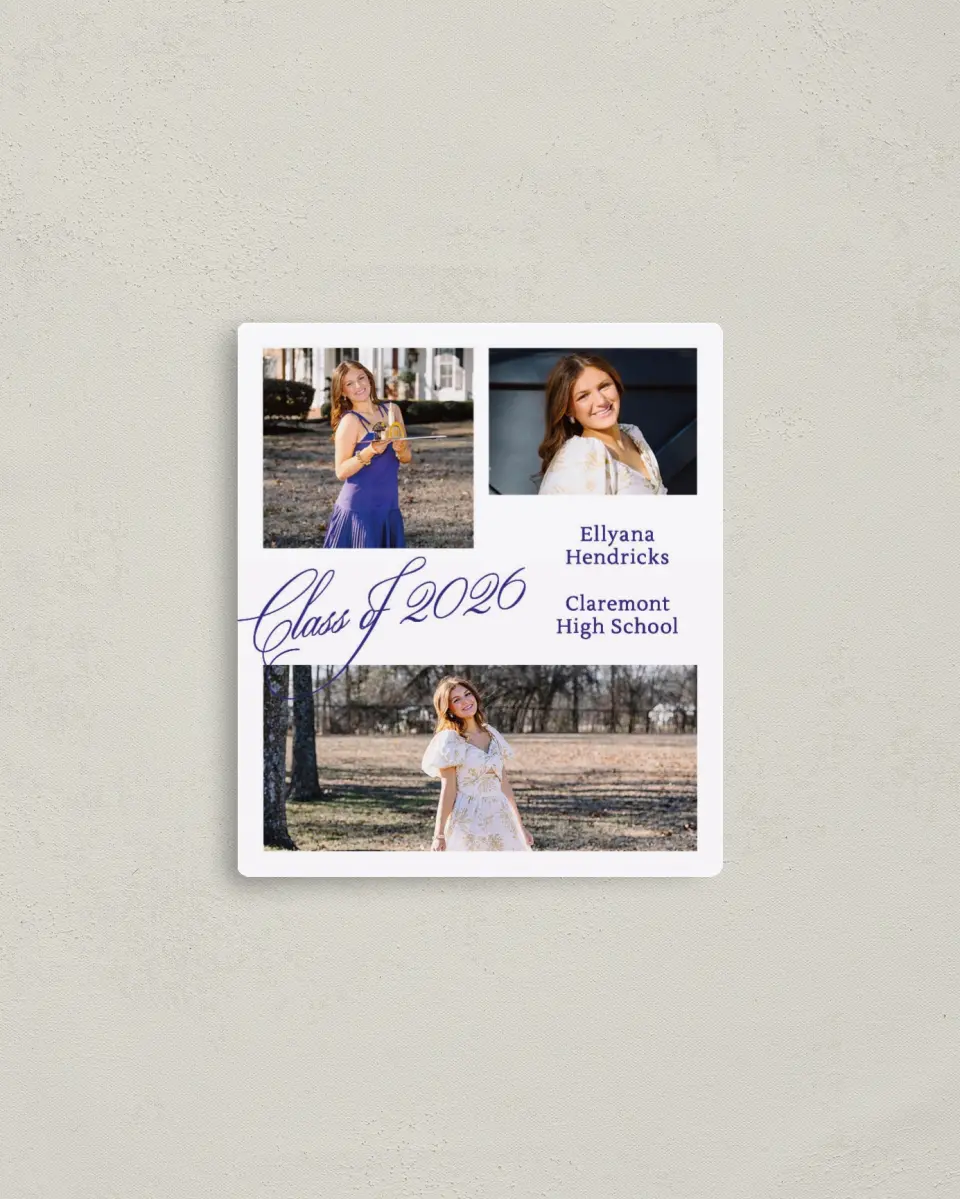 This is a 3½" x 4" Graduation Announcement Magnet called Elegantly Graduated printed in full color with a Luxe Satin finish