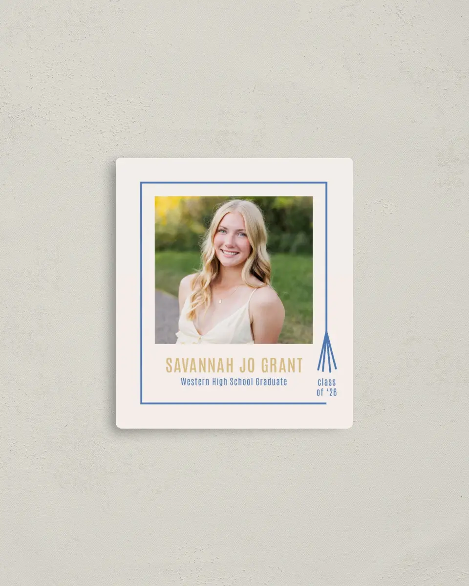This is a 3½" x 4" Graduation Announcement Magnet called Turning Tassels printed in full color with Gold foil and a Luxe Satin finish