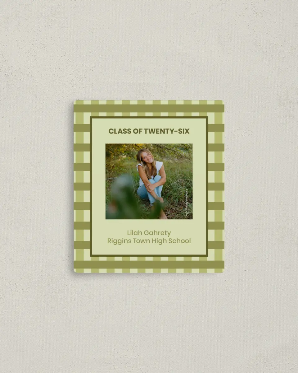 This is a 3½" x 4" Graduation Announcement Magnet called Ivy Bound printed in full color with Gold foil and a Luxe Satin finish