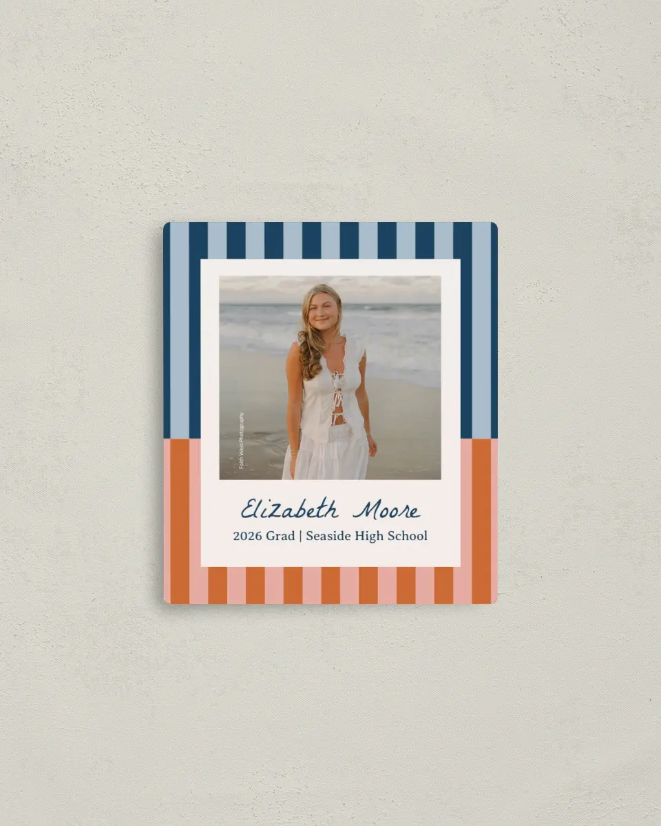 This is a 3½" x 4" Graduation Announcement Magnet called Scholarly Stripes printed in full color with Gold foil and a Luxe Satin finish