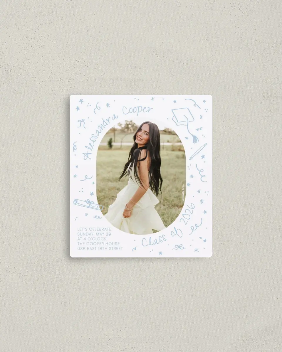 This is a 3½" x 4" Graduation Announcement Magnet called Doodles in the Margin printed in full color with a Luxe Satin finish