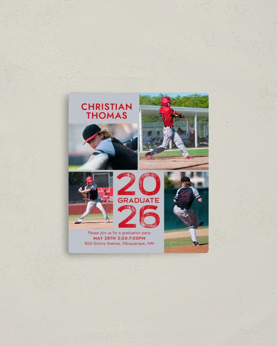 This is a 3½" x 4" Graduation Announcement Magnet called Big Hitter printed in full color with a Luxe Satin finish