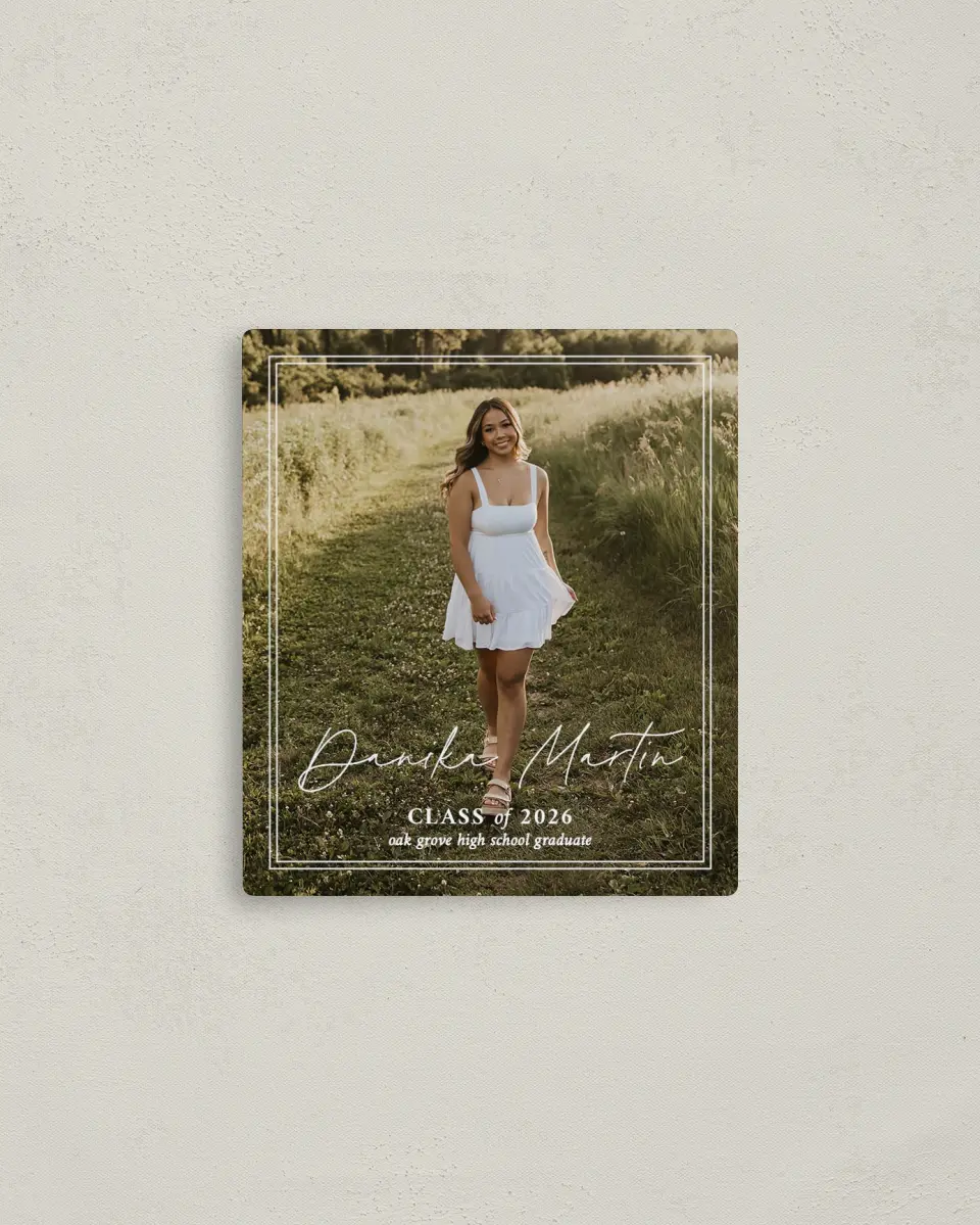 This is a 3½" x 4" Graduation Announcement Magnet called Monumental Moment printed in full color with a Luxe Satin finish