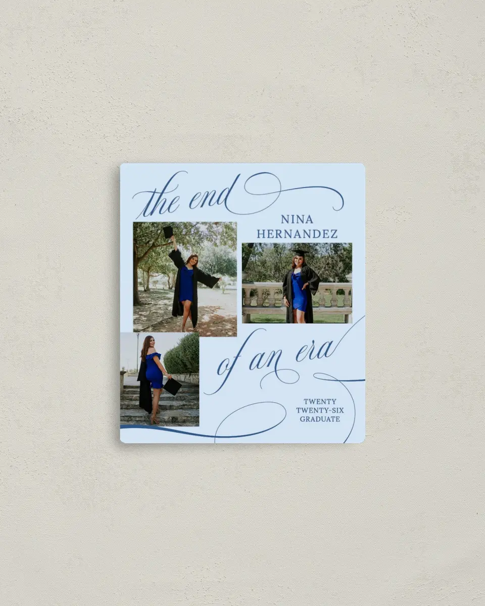 This is a 3½" x 4" Graduation Announcement Magnet called The End of an Era printed in full color with a Luxe Satin finish