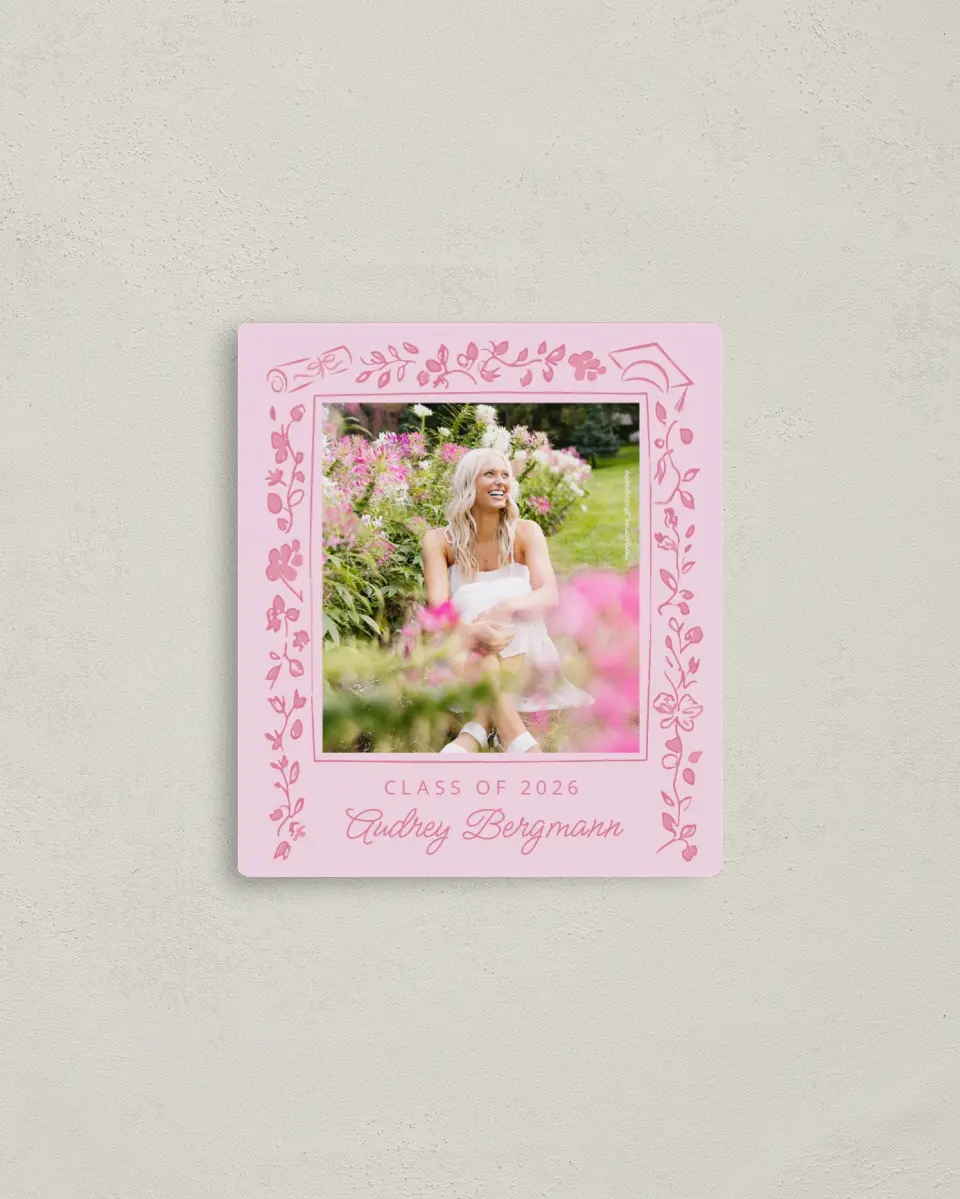 This is a 3½" x 4" Graduation Announcement Magnet called Happily in Bloom printed in full color with Gold foil and a Luxe Satin finish