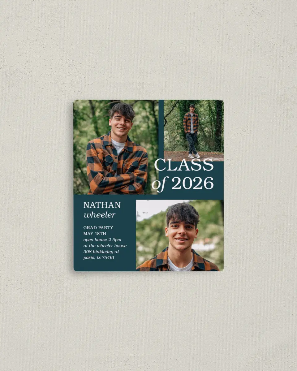 This is a 3½" x 4" Graduation Announcement Magnet called Sky's the Limit printed in full color with a Luxe Satin finish