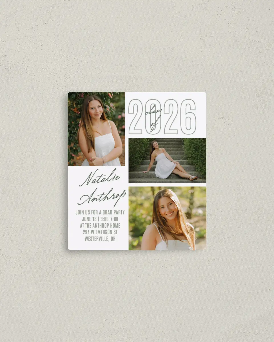 This is a 3½" x 4" Graduation Announcement Magnet called Shining Brilliance printed in full color with Gold foil and a Luxe Satin finish