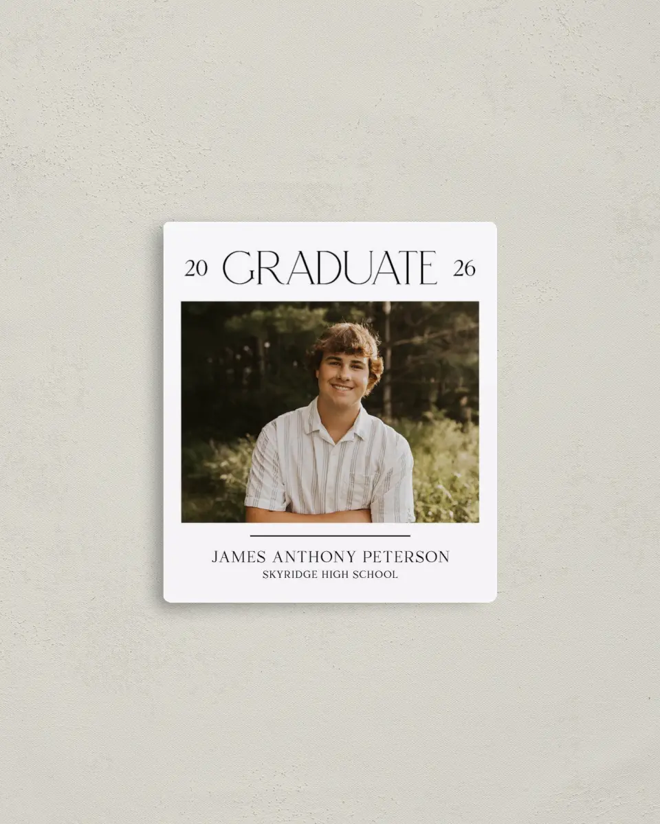 This is a 3½" x 4" Graduation Announcement Magnet called Most Classic printed in full color with Gold foil and a Luxe Satin finish