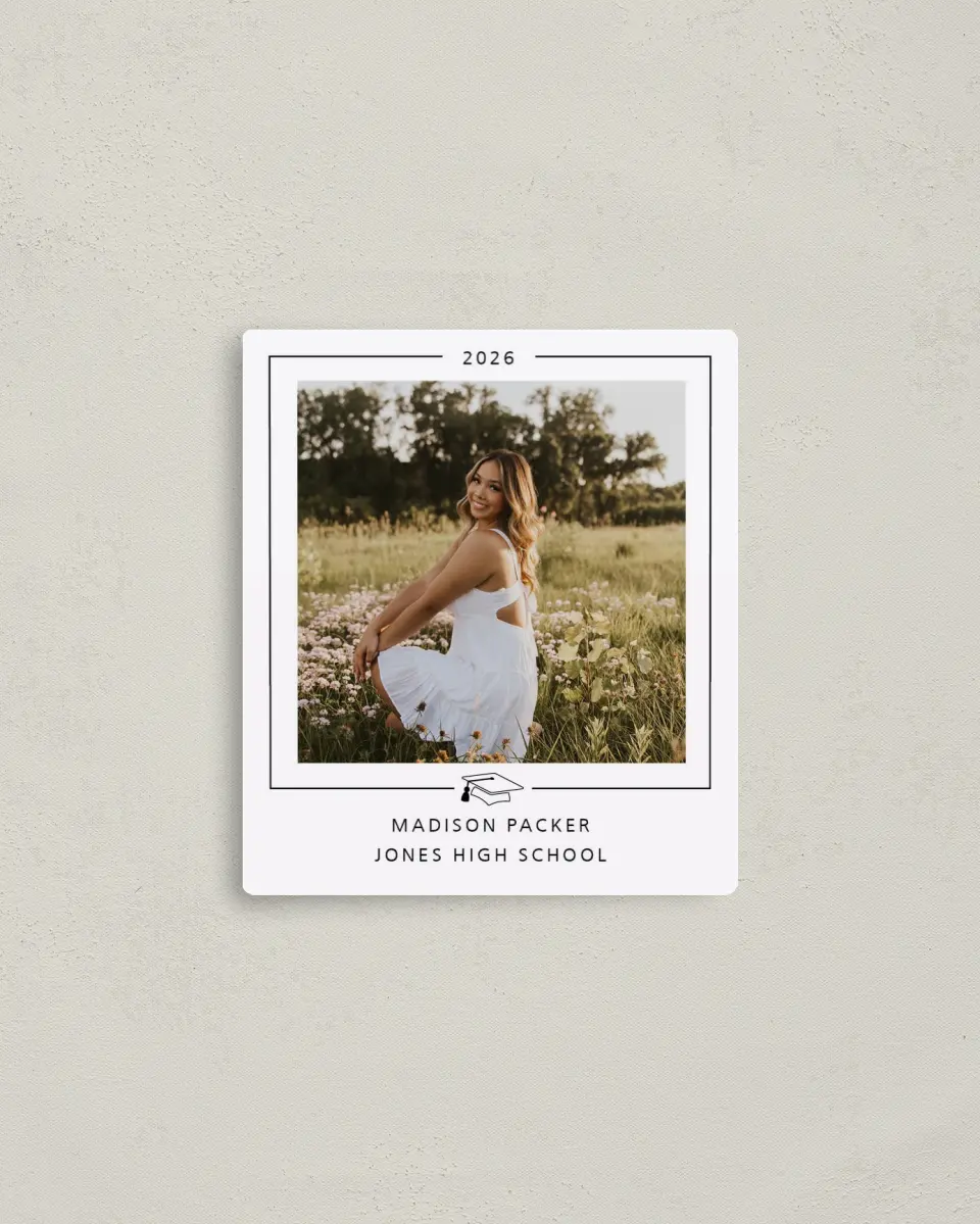 This is a 3½" x 4" Graduation Announcement Magnet called Modern Grad printed in full color with Gold foil and a Luxe Satin finish