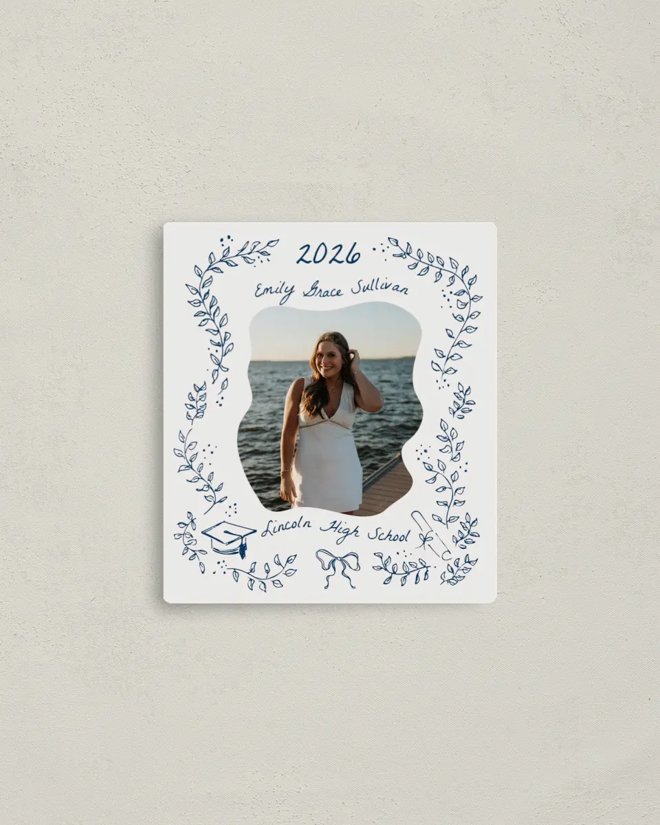 This is a 3½" x 4" Graduation Announcement Magnet called Whimsical Grad printed in full color with Gold foil and a Luxe Satin finish