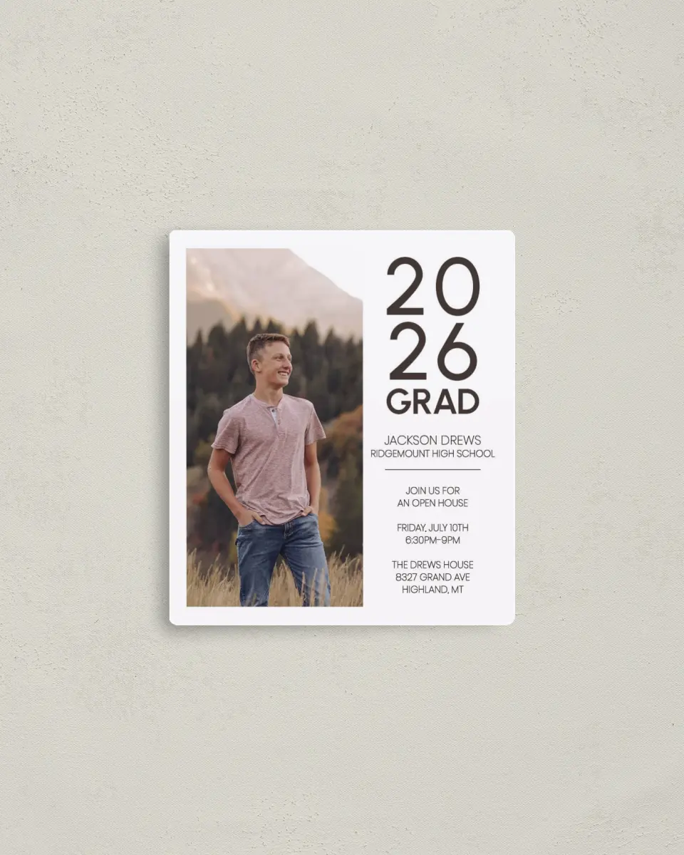 This is a 3½" x 4" Graduation Announcement Magnet called Simple Graduate printed in full color with Gold foil and a Luxe Satin finish