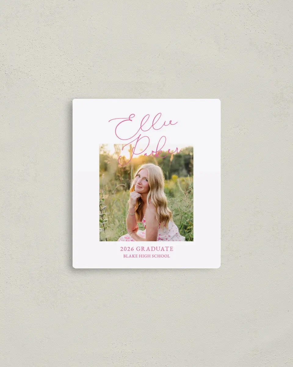 This is a 3½" x 4" Graduation Announcement Magnet called Script Grad printed in full color with a Luxe Satin finish