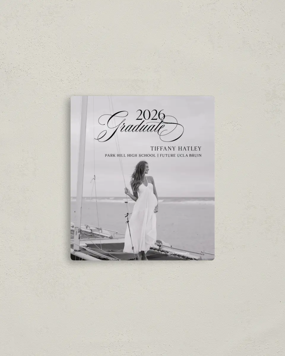 This is a 3½" x 4" Graduation Announcement Magnet called Graduate Script printed in full color with a Luxe Satin finish