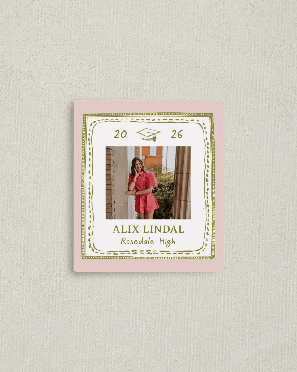 This is a 3½" x 4" Graduation Announcement Magnet called Grad Frame Art printed in full color with Gold foil and a Luxe Satin finish