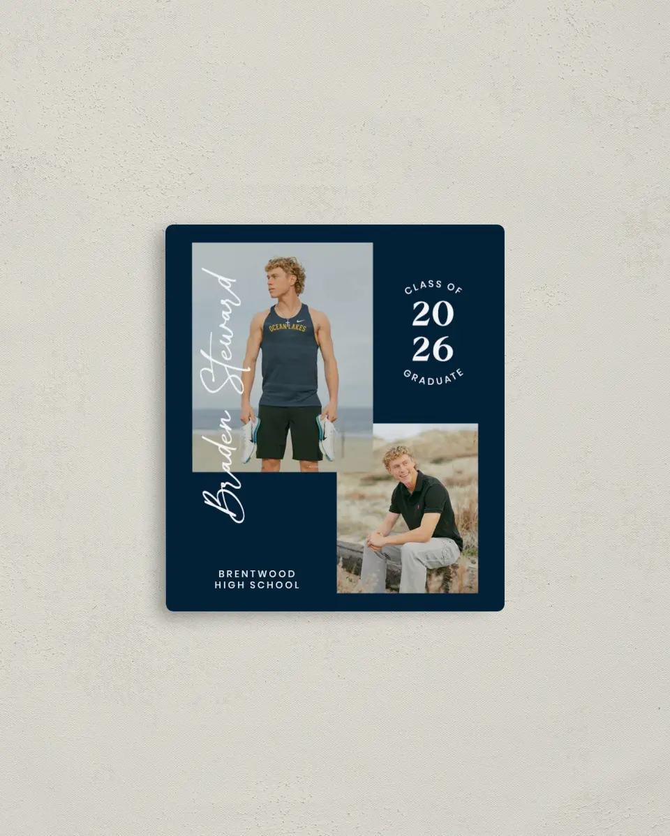 This is a 3½" x 4" Graduation Announcement Magnet called Sporty Grad printed in full color with a Luxe Satin finish