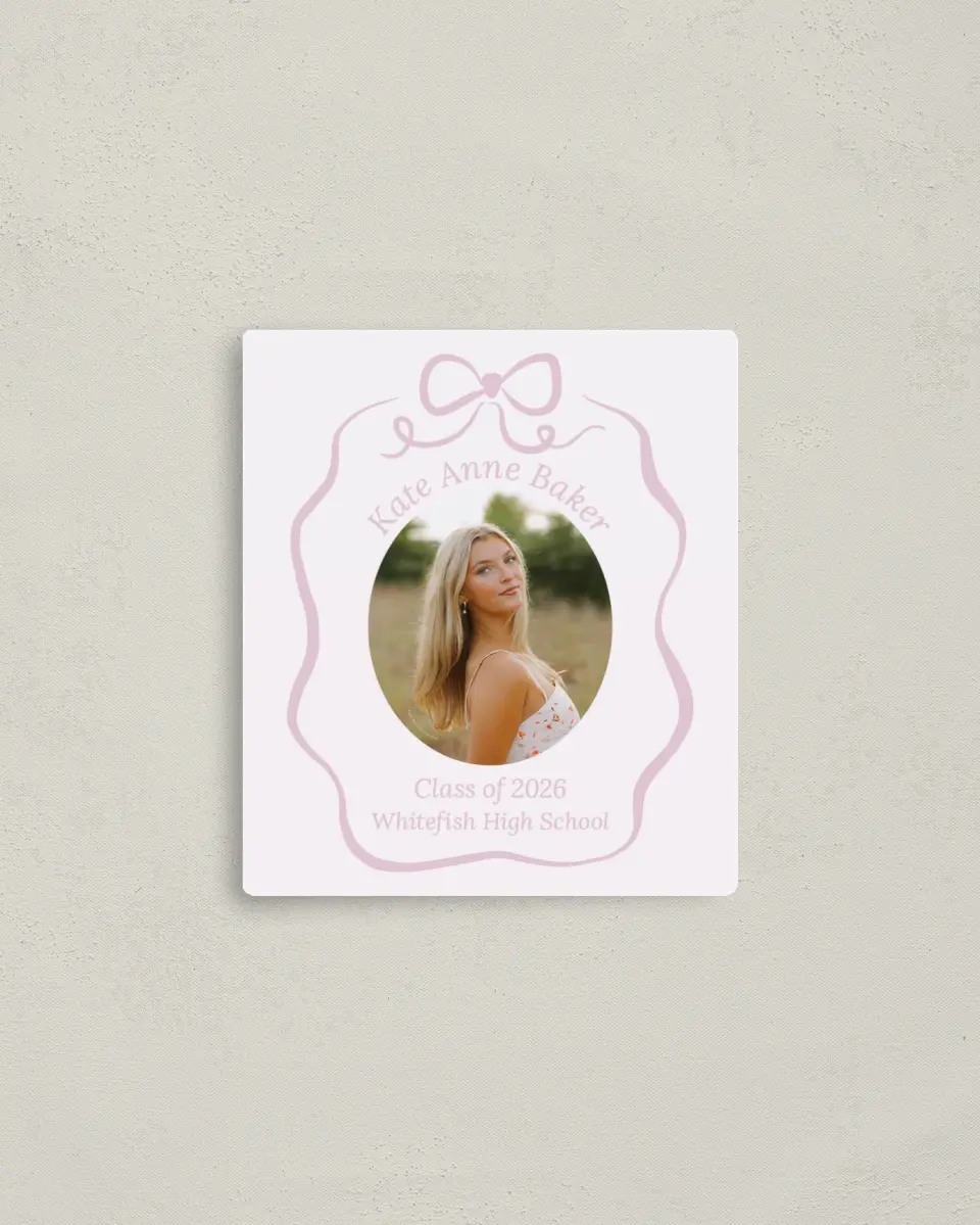 This is a 3½" x 4" Graduation Announcement Magnet called Bow Grad printed in full color with Gold foil and a Luxe Satin finish