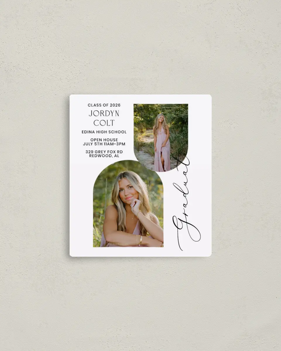 This is a 3½" x 4" Graduation Announcement Magnet called Refined Moment printed in full color with a Luxe Satin finish