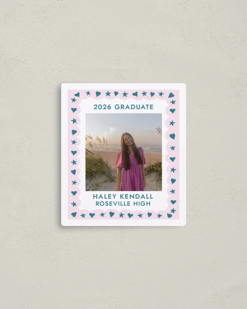 This is a 3½" x 4" Graduation Announcement Magnet called Fun Grad printed in full color with Gold foil and a Luxe Satin finish